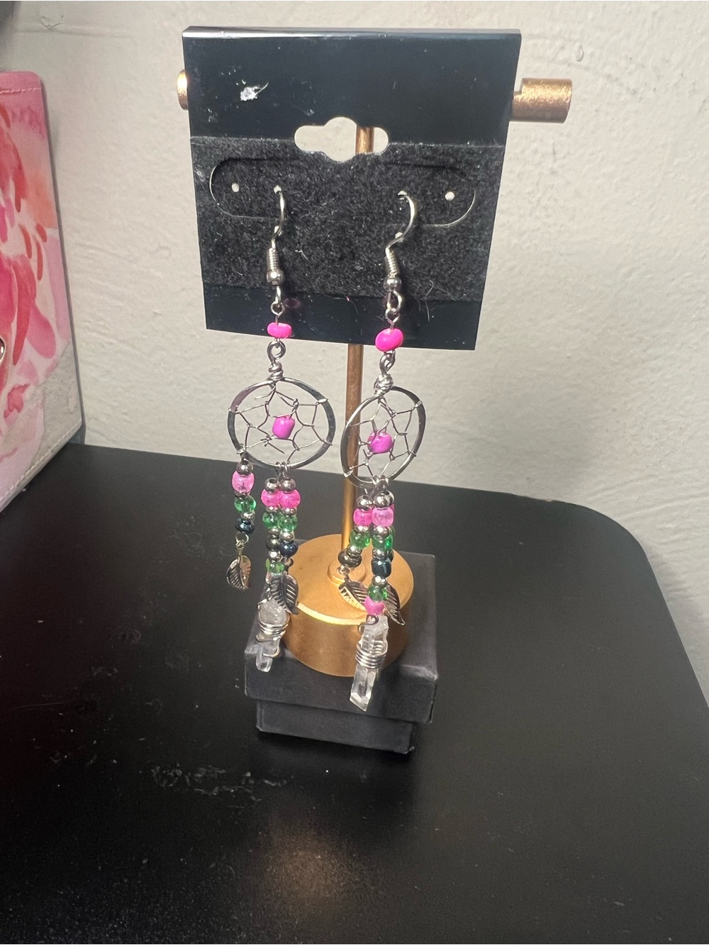 Vintage Boho Dreamcatcher Dangle Earrings in Pink & Green